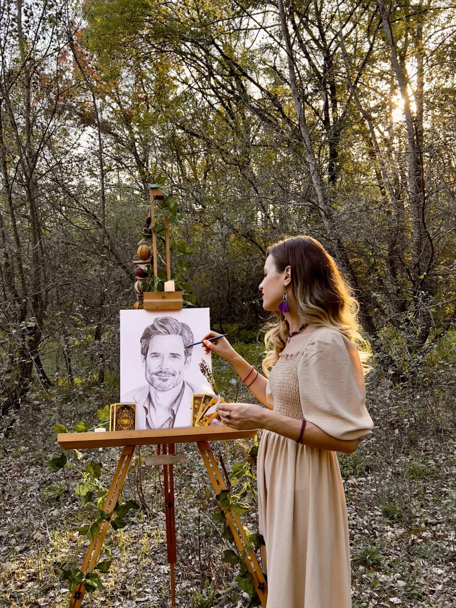 Eva Bloom, psychic artist, working on a soulmate sketch